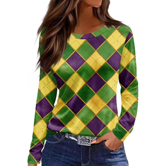 Womens Mardi Gras Shirts Mask Print Carnival Crew Neck Tunic Tops Sparkly Long Sleeve Green Graphic Tee Yellow L