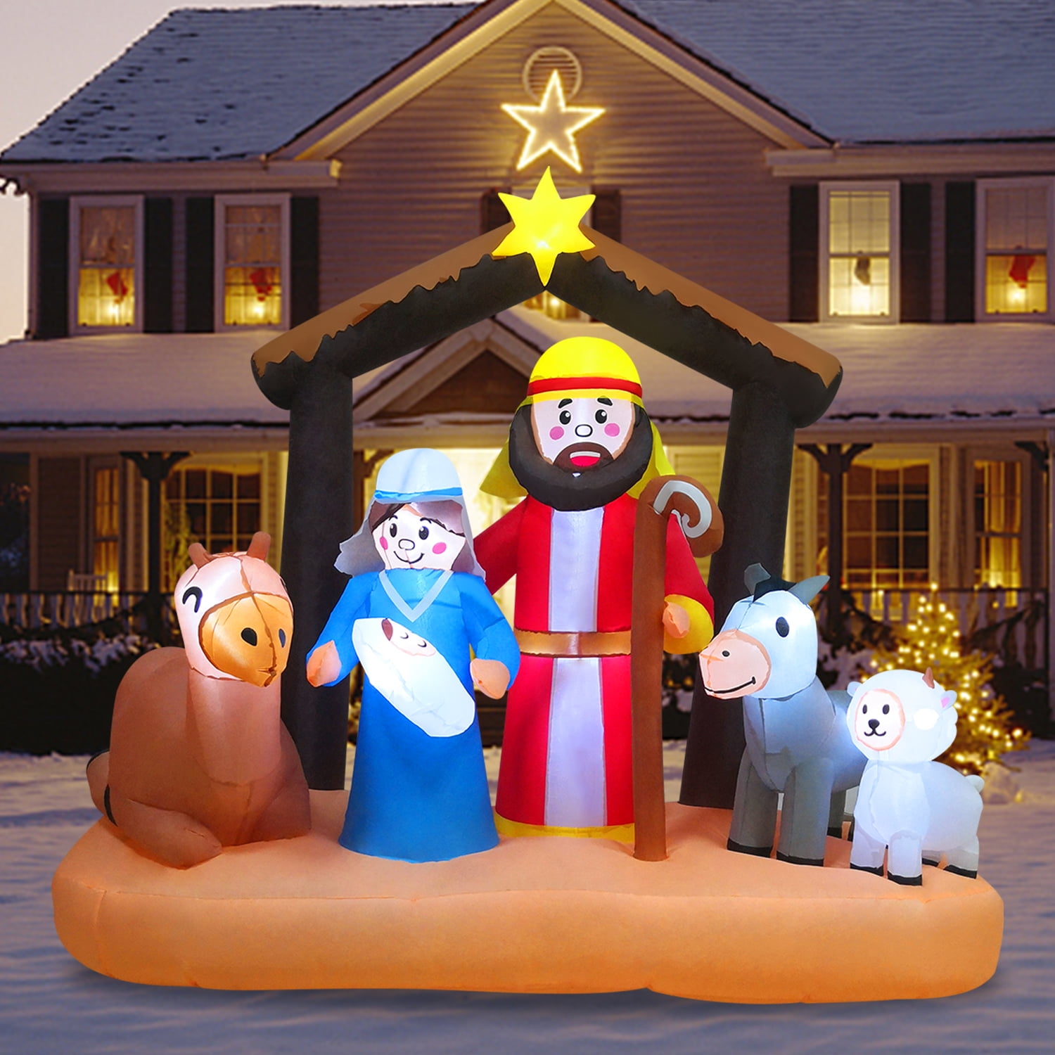 ReeYee 6ft Christmas Inflatables Nativity Scene with Buildin LEDs Blow