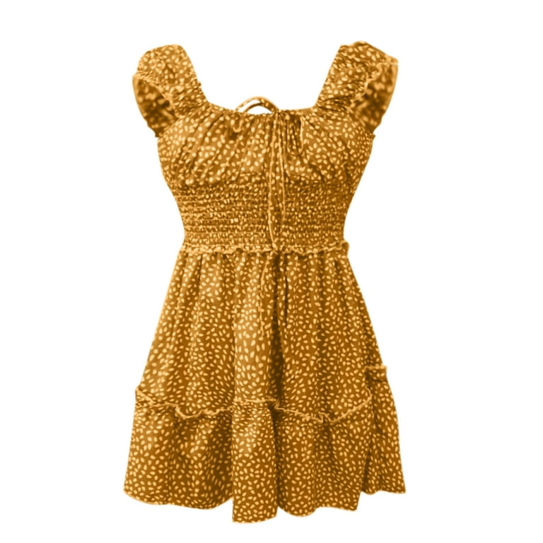 MRULIC dresses for women 2022 Women's Sexy Summer Pleated Sleeve Neckline  Print Dress Mini Dress Sundress Women's Casual Dress Yellow + XL