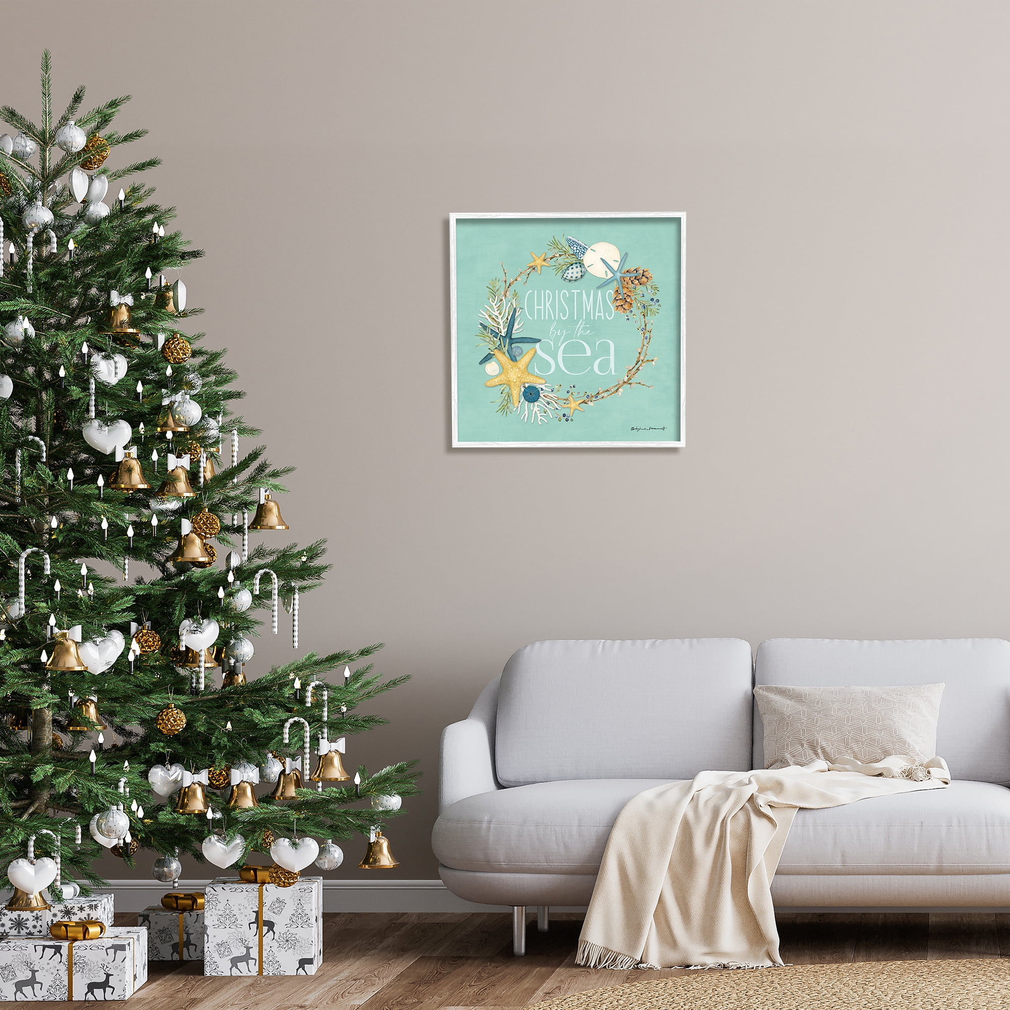 Stupell Industries Christmas By The Sea Wreath Holiday Painting White Framed Art Print Wall Art