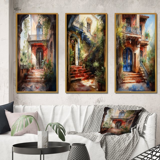 Designart "Country Cottage Entry Rustic Charm II" Farm Framed Wall Art Set Of 3 - White Country Frame Canvas Set For Living Room Decor