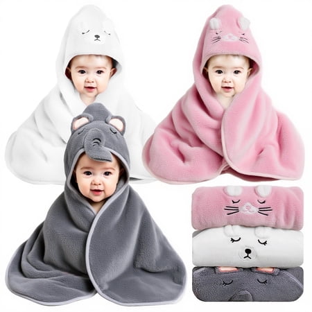 Lumikrypt 3 Pcs Hooded Baby Bath Towel Premium Coral Fleece Large Size Bath Towel 31.5 x 31.5 Inches Super Absorbent Great Gift for Newborns Toddlers and Children