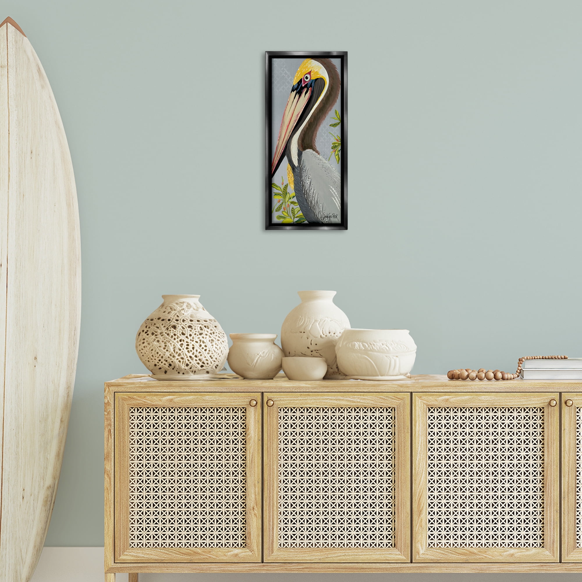 Stupell Industries Pelican on Grey Animals & Insects Painting Black Floater Framed Canvas Art Print Wall Art, 11 x 25