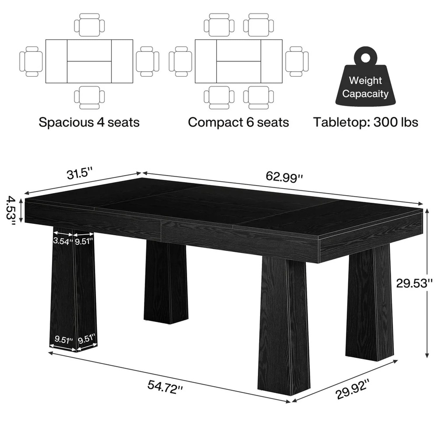 Black Dining Table, 63 in W x 31.5 in D, MDF Top, Seats 4-6, Industrial Style
