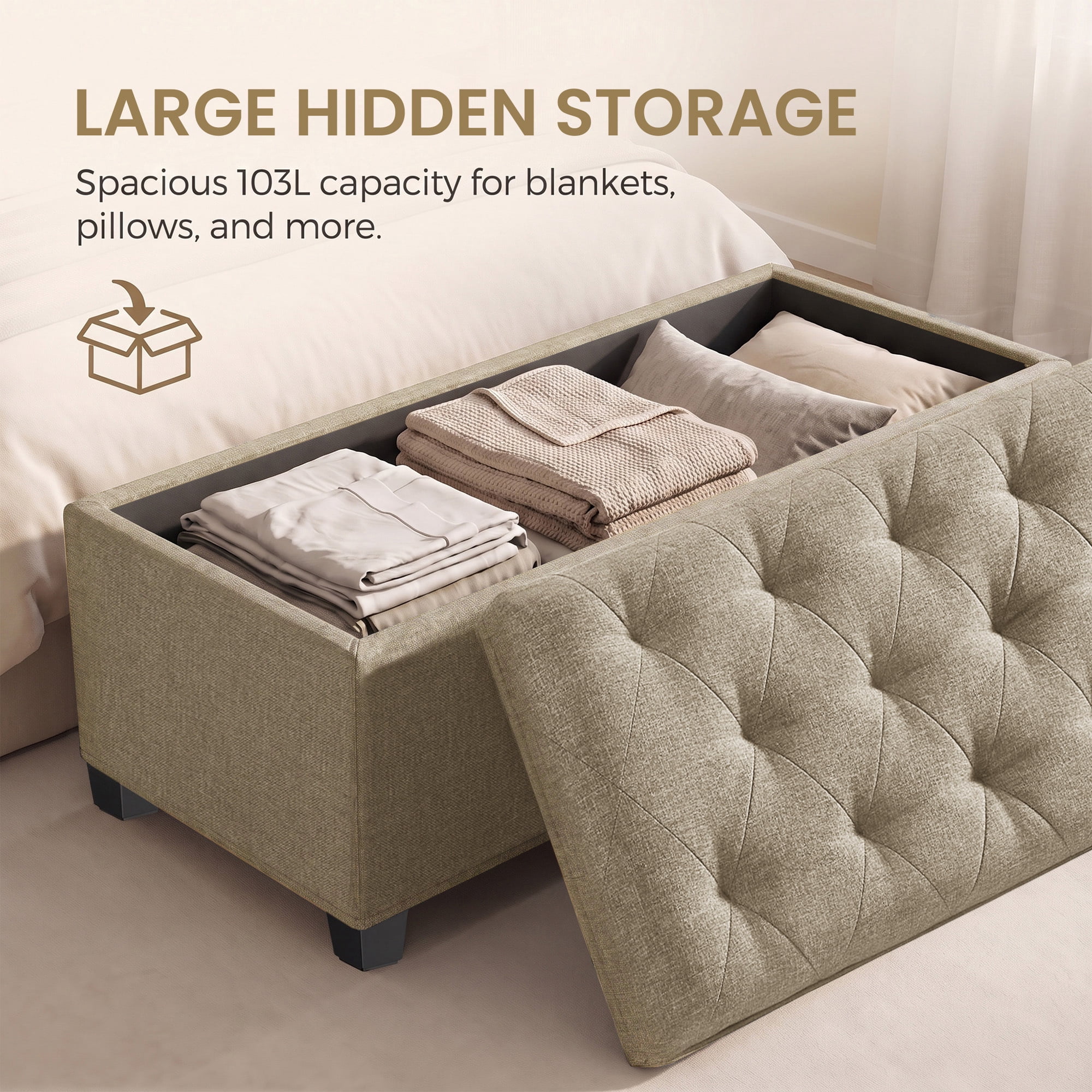 Ledrem Camel Brown Linenette Tufted Storage Ottoman Bench, End of Bed Bench, 660 lb Capacity, Modern Home Decor