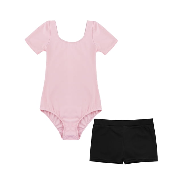 Jelory Ensemble de 2 Pcs pour Filles, Justaucorps de Gymnastique avec Shorts, Manches Courtes, Col Rond, Tenue d'Entraînement Rose&Noir 4