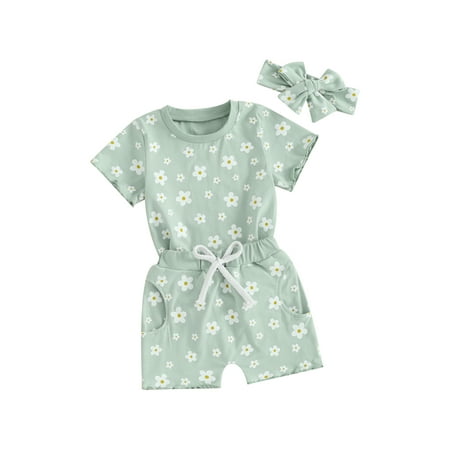 

Co.MMehjri Baby Girls Summer Outfits Floral Print Short Sleeve T-Shirt and Shorts Headband Set 3 Piece Clothes