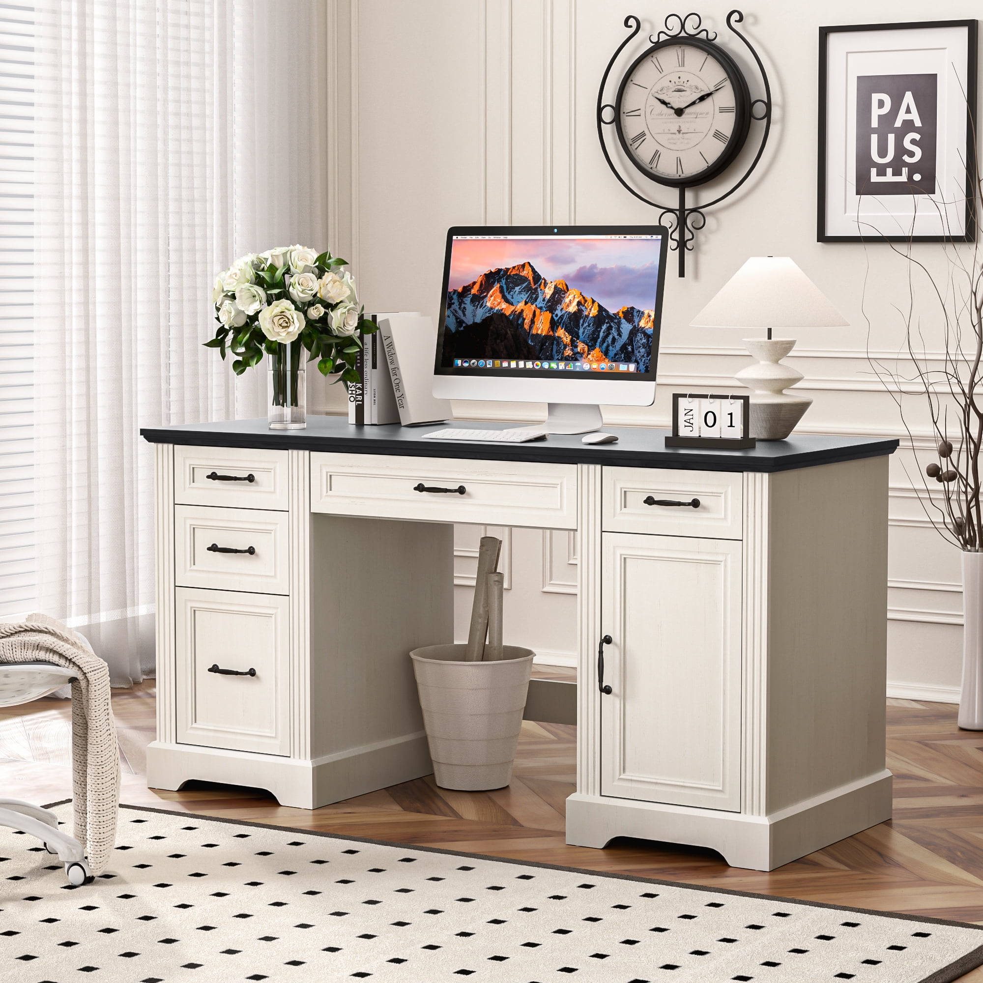 HARIPUL 58-Inch Executive Desk, Farmhouse Computer Desk with Drawers and Storage Cabinet, Wooden Home Office Desk Workstation, Study Writing Table, White & Black