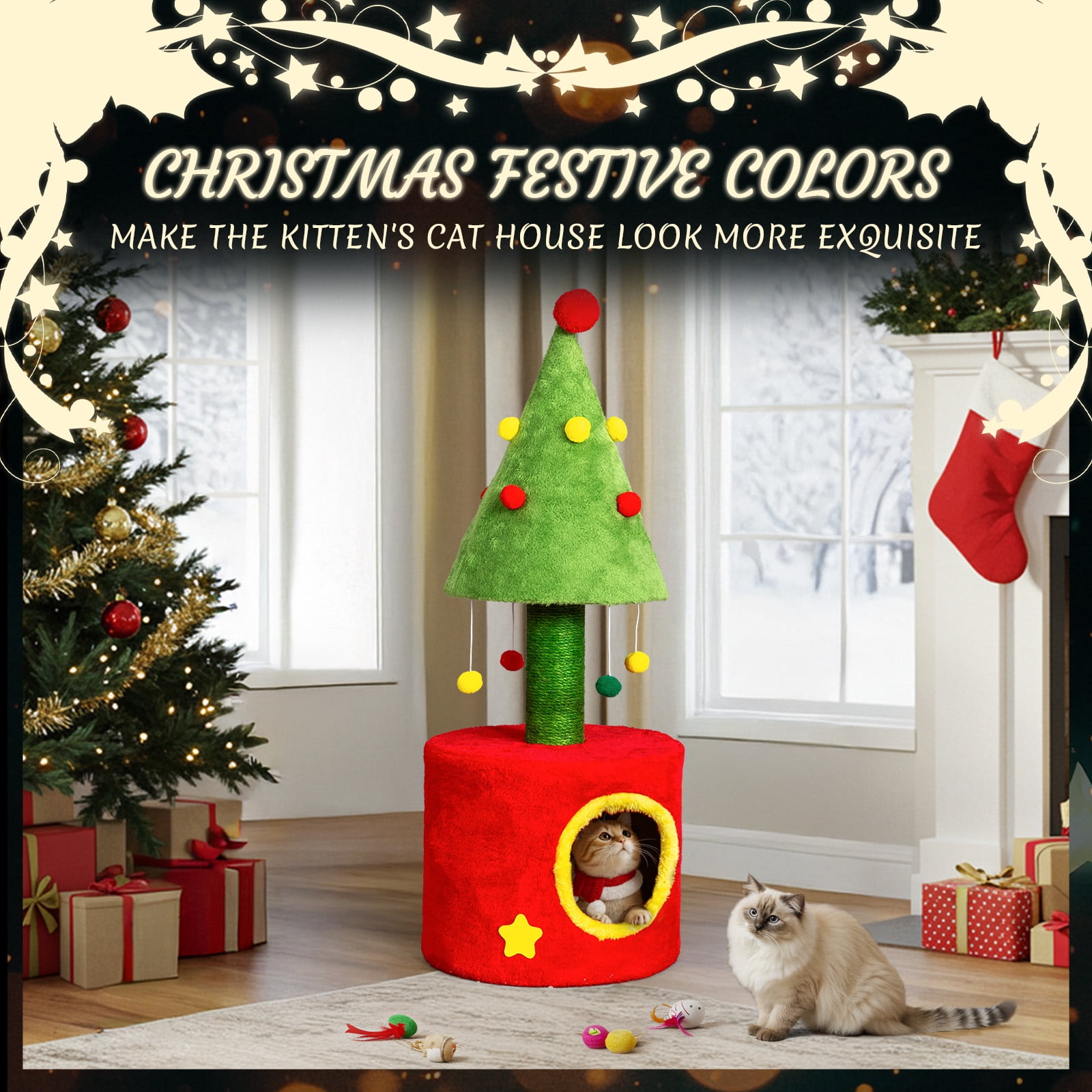 Ktaxon 30'' Christmas Cat Scratching Post with House, Sisal Tower & Hanging Balls for Indoor Kittens, Red & Green