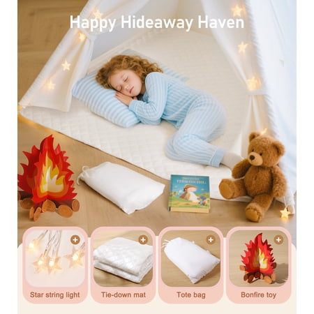 Teepee Tent for Kids Foldable Teepee Play Tent with Fairy Lights, Carry Case Water Resistance, Pretend Camp Fire, Four Poles Style Raw White Color - New Version Tiny House little dove