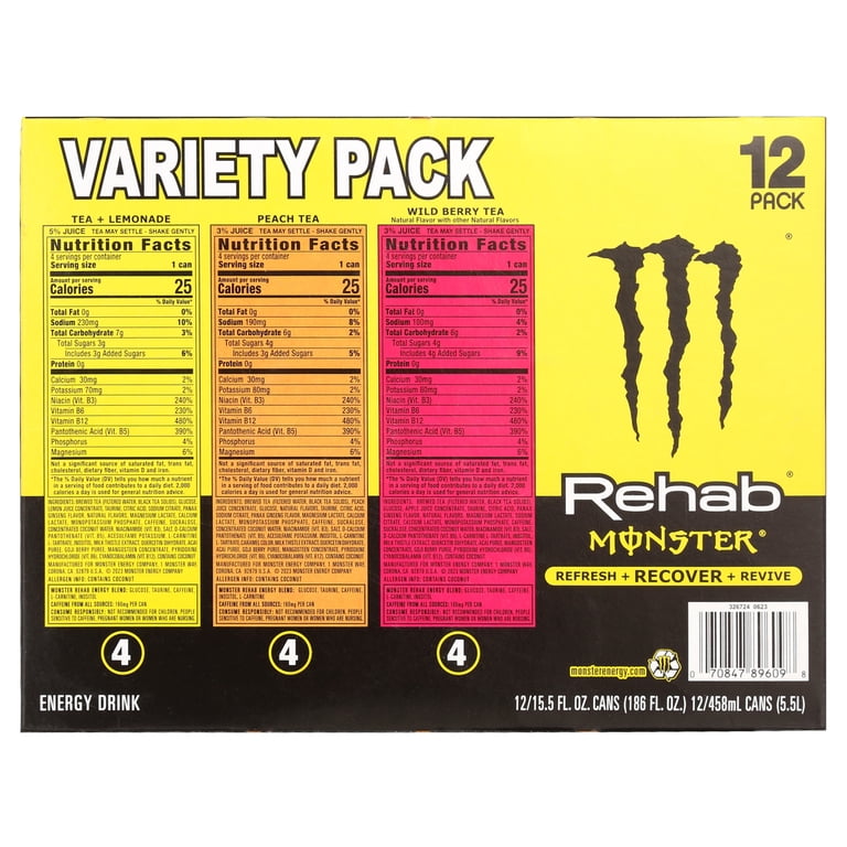 Monster Energy Drinks Rehab Variety Pack, Lemon, Peach, Wild Berry