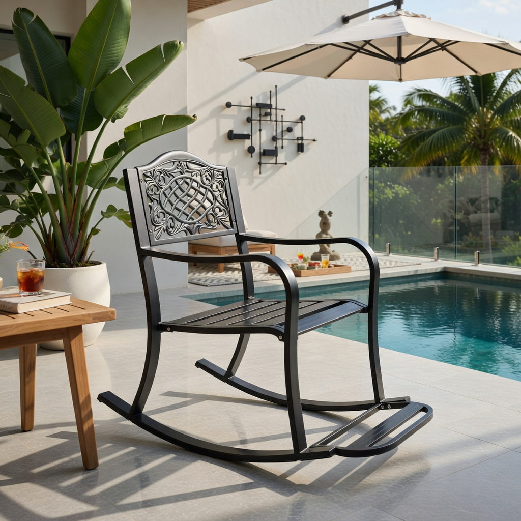Hommoo Cast Aluminum Patio Rocking Chair with Footrest, Curved Armrests & Floral Back Design, Outdoor Rocker for Backyard, Porch, Poolside, Antique Brown