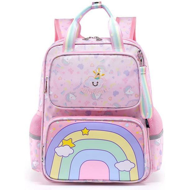 Qenftys Kids Backpack Girls School Bag Cute Rainbow Preschool Bookbags Toddler Bag School Outdoor Travel Casual Daypack (Pink)