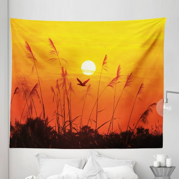 Nature Tapestry, Bulrushes Against Sun Rays over Sky in Sunset with Flying Bird Theme Wildlife Image, Fabric Wall Hanging Decor for Bedroom Living Room Dorm, 5 Sizes, Yellow Red, by Ambesonne