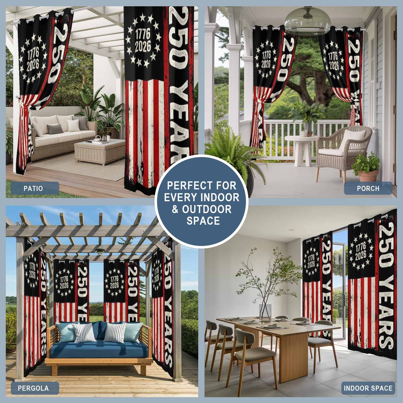 Independence Day Outdoor Curtains for Patio, Distressed 250 Years Red White Flag Sunshade Privacy Drapes Grommet Waterproof Outside Curtains for Porch/Cabana/Balcony 54"x 108", 1 Panel