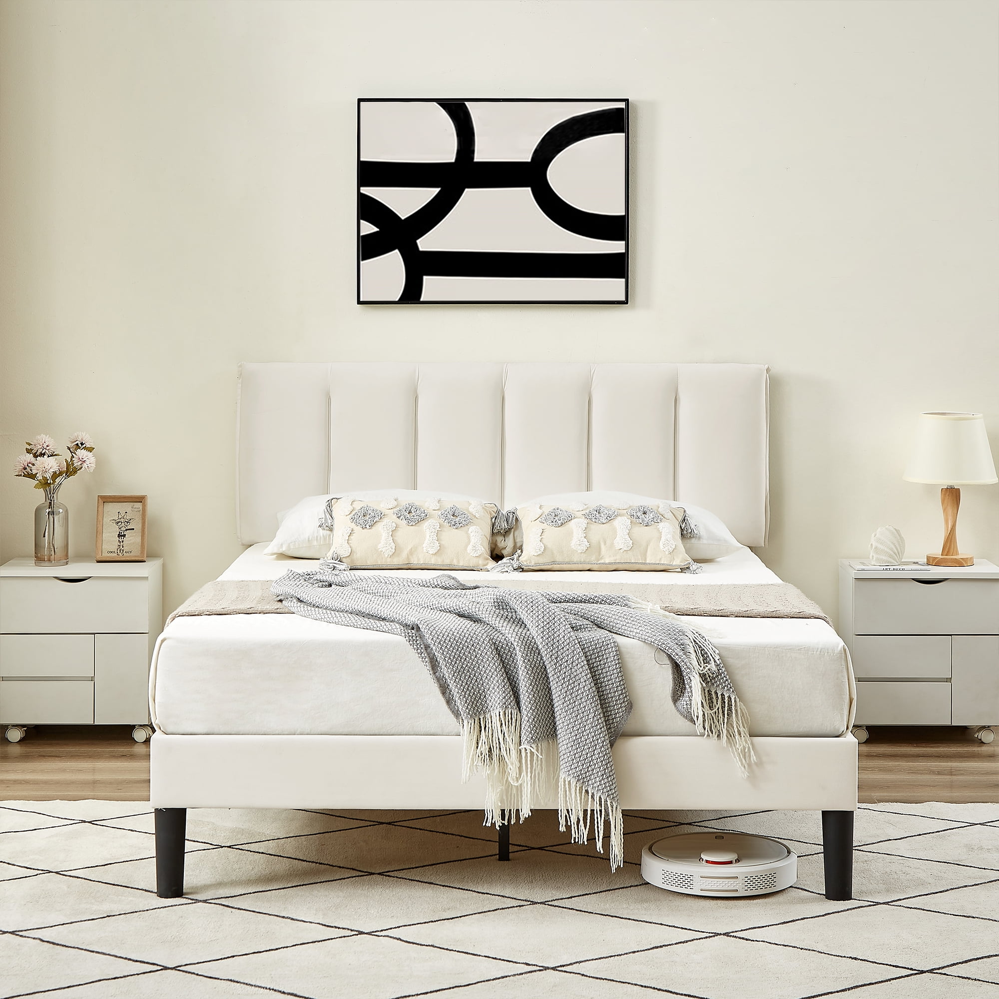 VECELO Queen Size Upholstered Platform Bed Frame, Adjustable Headboard and Wooden Slats Support, No Box Spring Needed/Easy Assembly, White