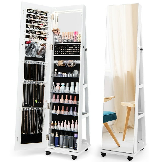Gymax 64'' Jewelry Organizer Lockable Jewelry Cabinet Armoire with Mirror and LED Lights, White