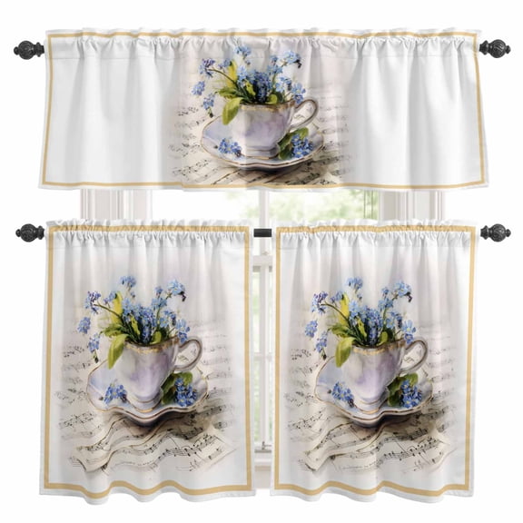 Spring Blue Flowers Kitchen Curtains Sets for Windows 36 Inch Length, Retro Tea Cup Phrases Country Rod Pocket Window Treatments Tier Curtains and Valances Set for Bedroom/Bathroom