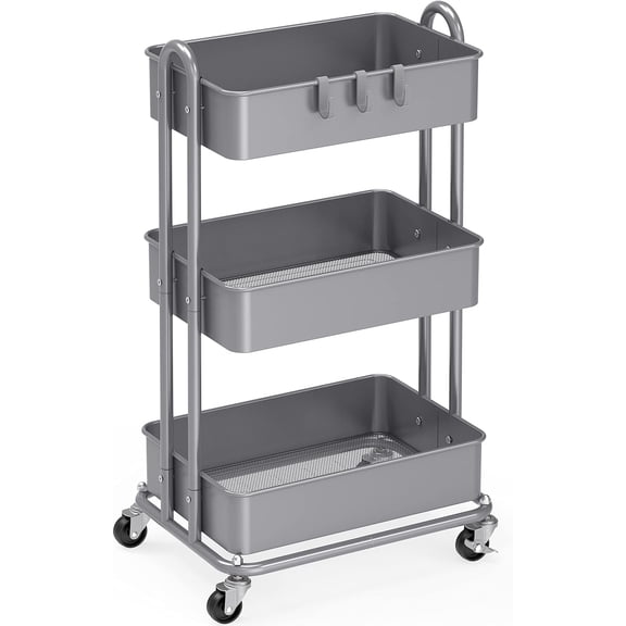 3-Tier Heavy Duty Metal Utility Rolling Cart, Silver