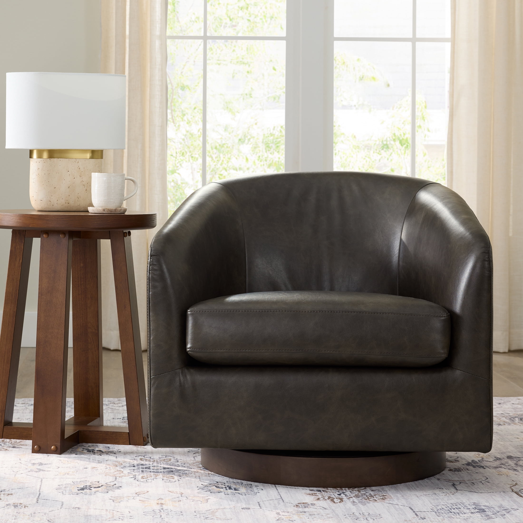 Better Homes & Gardens Bradford Wooden Base Modern Swivel Accent Chair, Dark Espresso Faux Leather