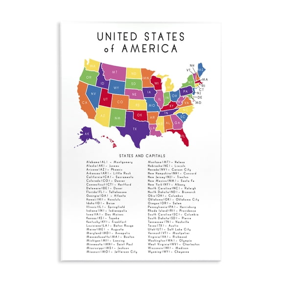 Stupell Industries Contemporary USA Map State Abbreviations and Capitals Playful Tones Wall Plaque Art, 10 x 15, by Anna Quach