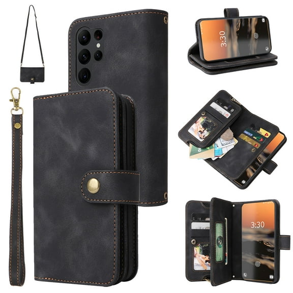 for Samsung Galaxy S23 Ultra Wallet Case, [Card Slots] PU Leather ID Credit Holder Folio Flip Kickstand Magnetic Clasp Phone Cover & Lanyard & Shoulder Strap for Galaxy S23 Ultra 6.8 inch,Black