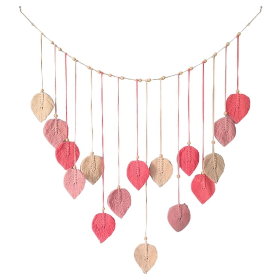 Ranliy Macrame Wall Hanging,Leaves Woven Tapestry, Feather Handmade Tassels Boho Wall Decor,Leaves Art Decorations for Nursery Bedroom Living Room Apartment Home Backdrop, Pink