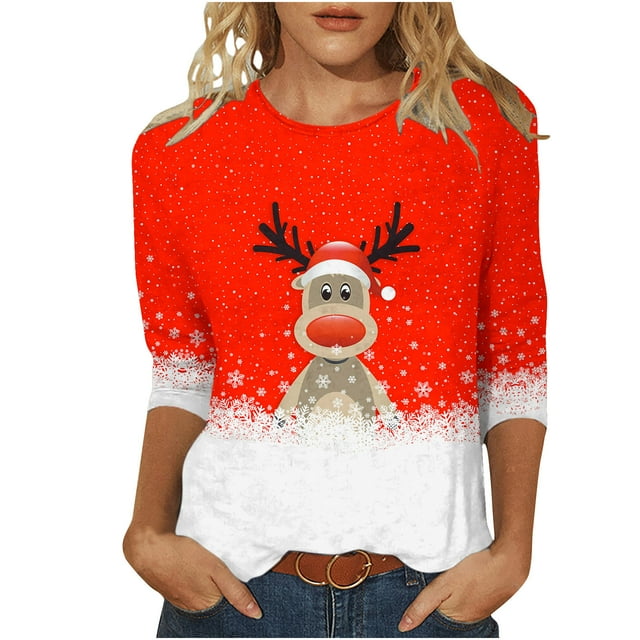 Women's Round Neck Three Quarter Sleeve Christmas Printed Top