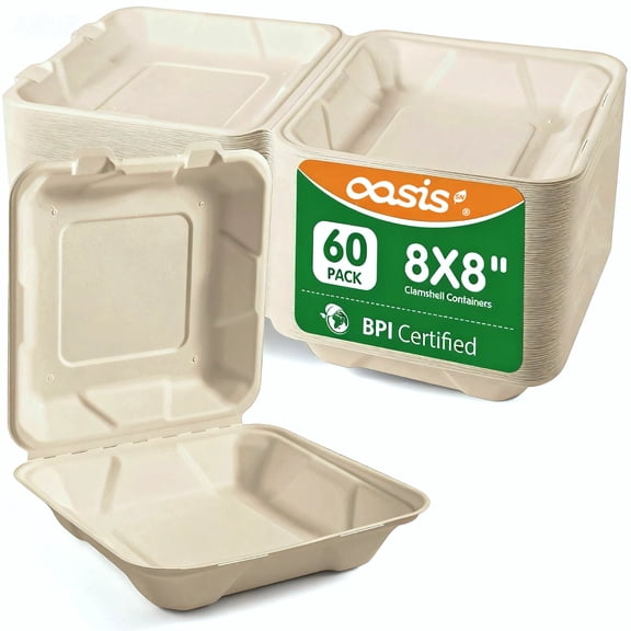 OasisSN Compostable Clamshell Take Out Food Containers,Disposable Square Lunch Box, To Go Take Out Clamshell for Food, To Go Boxes for Picnic,Salad,Dinner,60 Pack 8x8 Inch,Natural