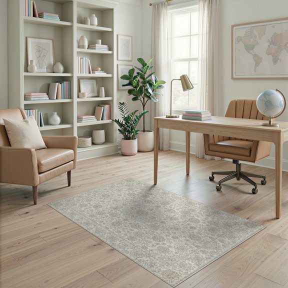 ODIKA Beige Traditional Cream Center Scrolling Vine Entryway Non-Slip Chair-Friendly for Home Office, Gaming Room, Under Desk
