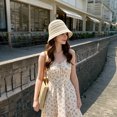 thumbnail image 4 of bestolf Women Summer Basin Hat Pure Color Hollow Design Fisherman Hat Travel Sun Protection Bucket Hat (Beige1 ), 4 of 8