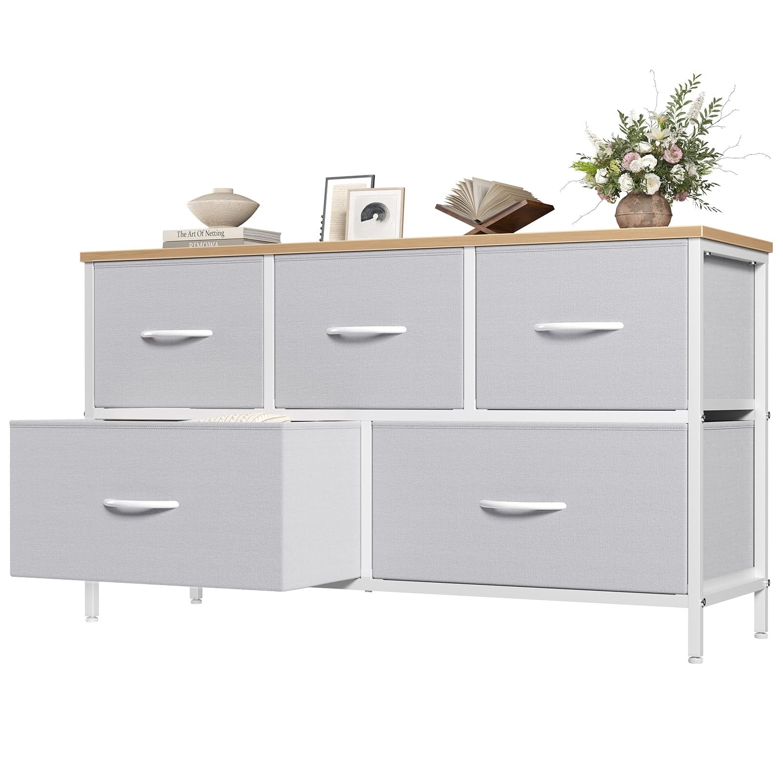 Telyra 5-Drawer Fabric Dresser TV Stand Organizer with Wood Top and Metal Frame, Light Gray