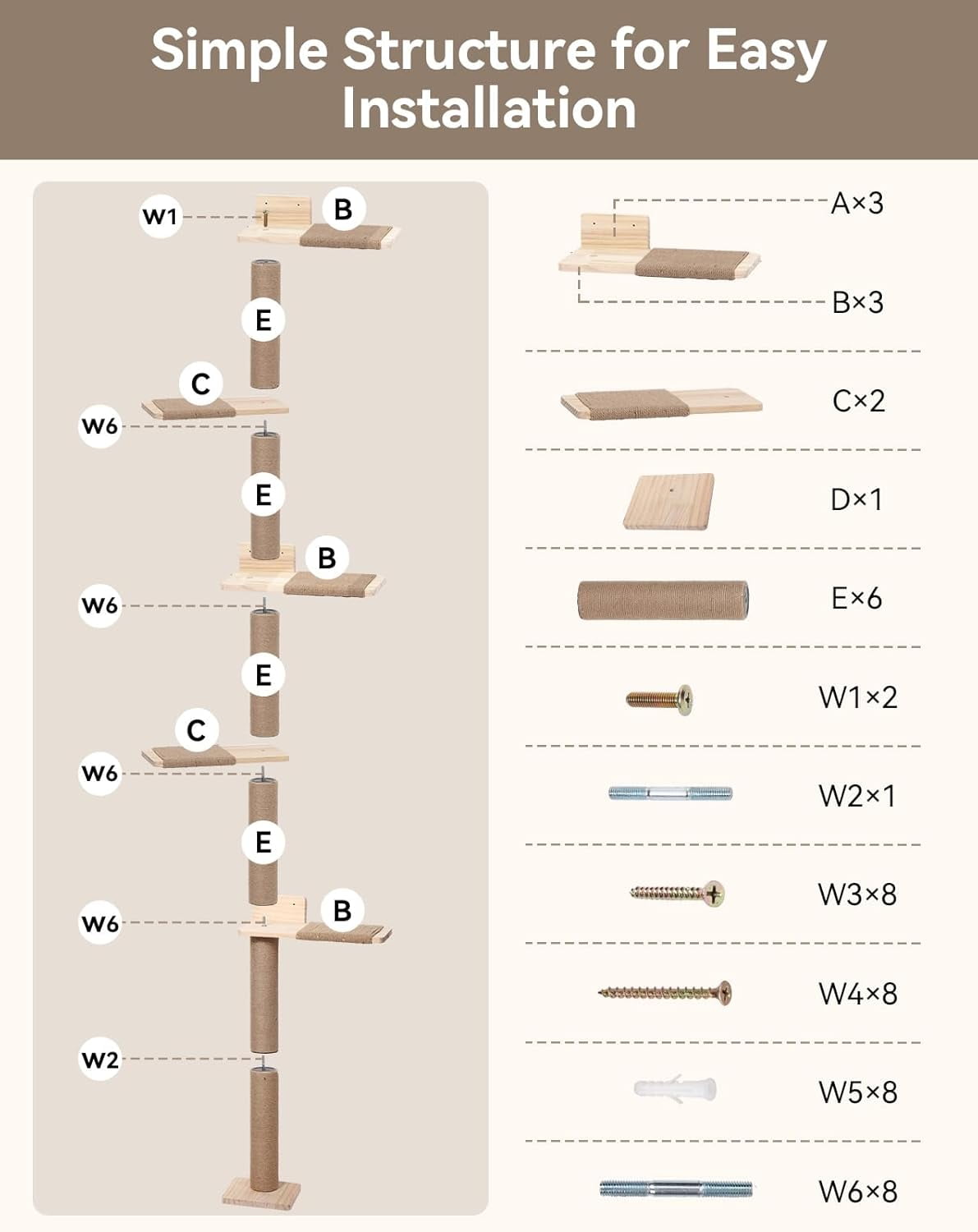 Tall Cat Tree for Wall 83.9inch, Wood Cat Wall Shelves for Kittens, Wall-Mounted Cat Tower with Scratching Post for Play, Climb & Scratching, 5 Tier Platforms