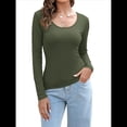 thumbnail image 1 of Camiseta de Cuello en U para Mujer, Camiseta de Larga de Color Liso, Suave, Elástica, Ropa Informal, Básica Verde XXL, 1 of 9