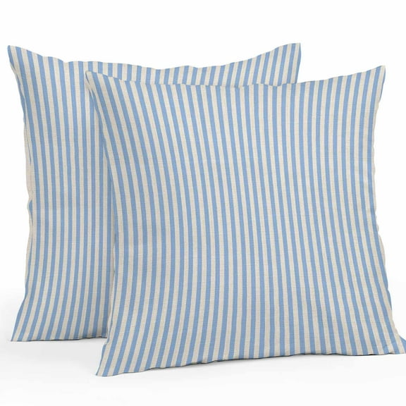 Simple White Striped Outdoor Pillow Covers Set of 2 Blue Stripe Vintage Linen Texture Waterproof Throw Pillow Case Decorative Square Cushion Cover for Patio Couch Garden Balcony, 20"x20"