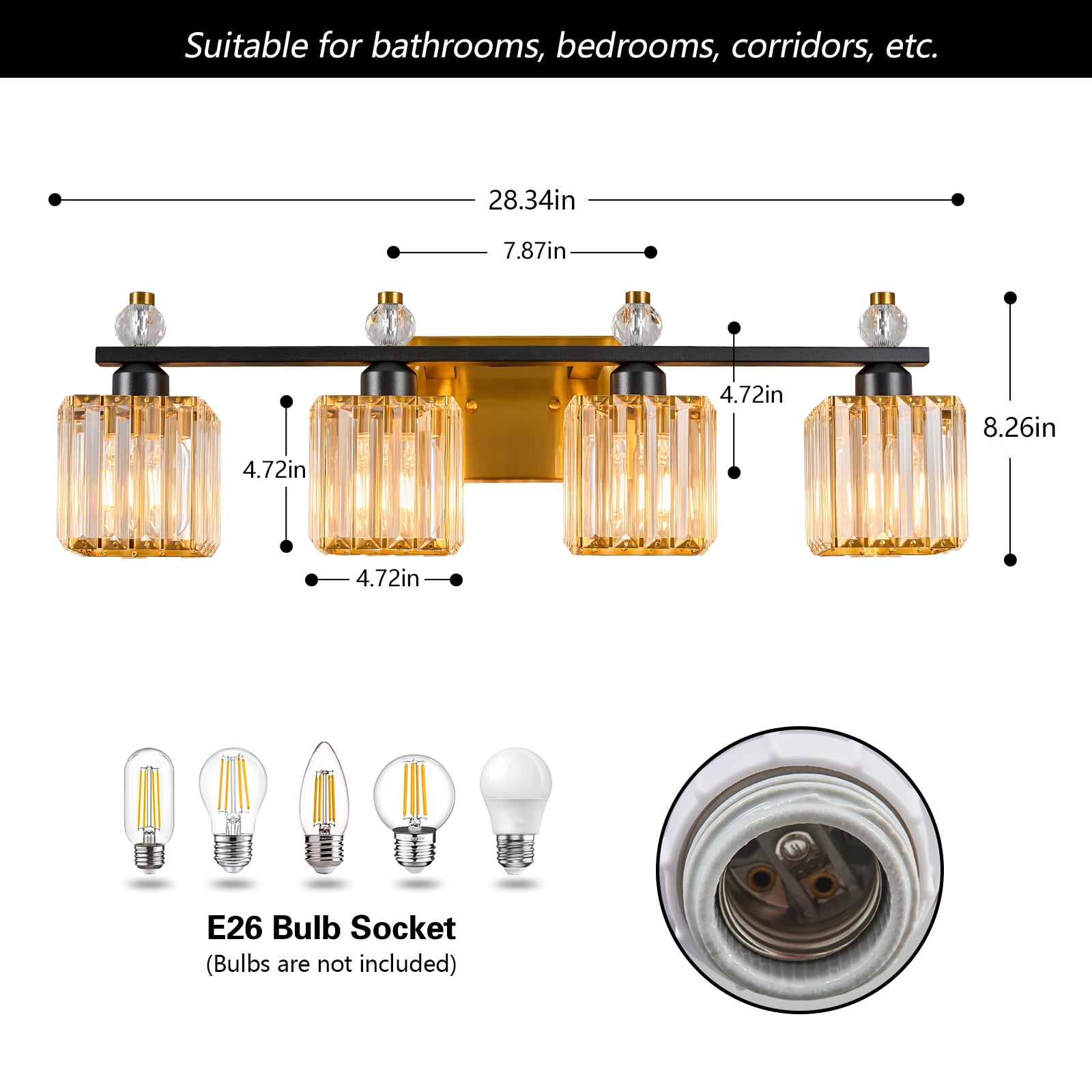 Deyidn Vanity Lights 4-Light Modern Crystal Vanity Light Black Gold Bathroom Light Fixtures Over Mirror Crystal Bathroom Vanity Lighting Fixtures