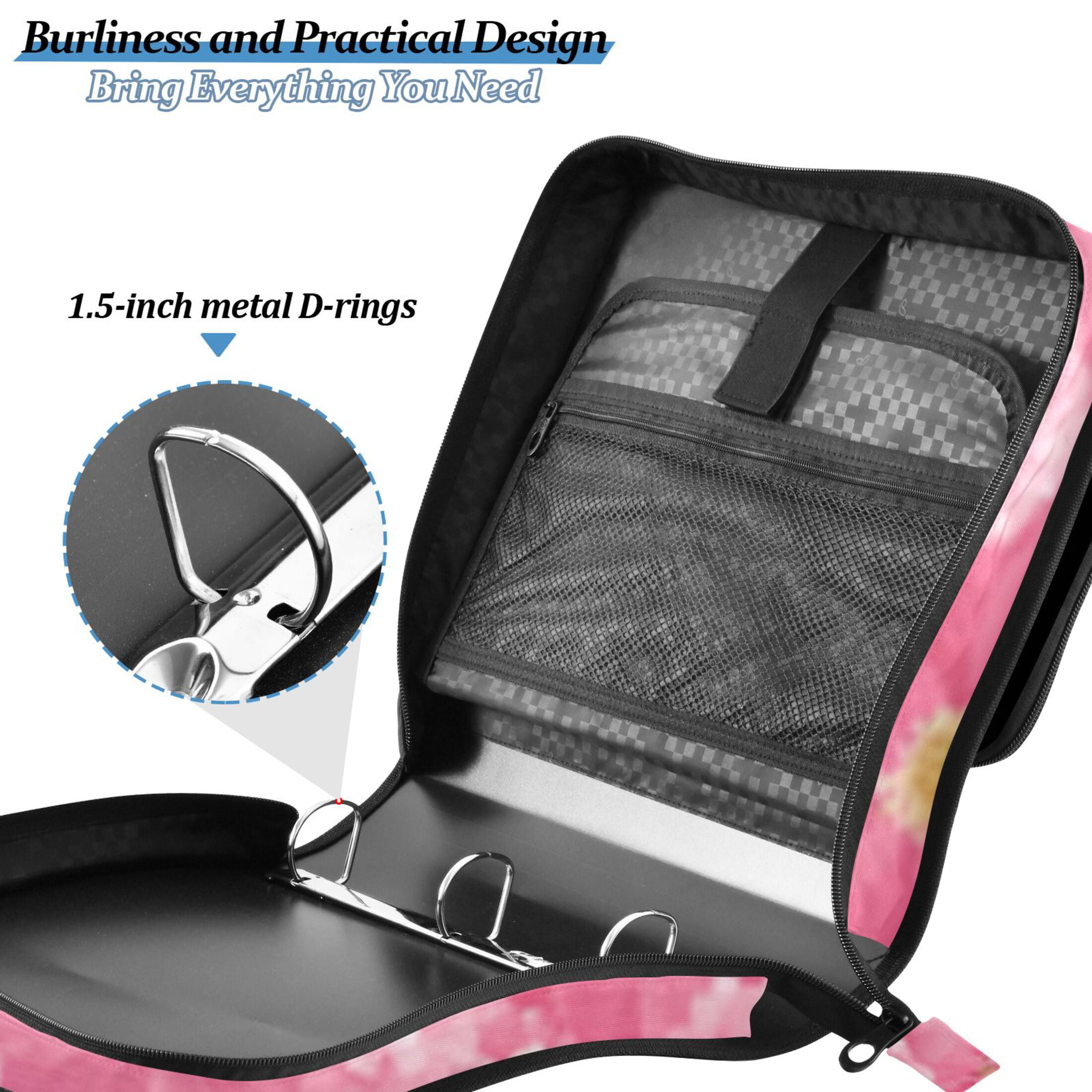 Zipper Binder Pink Floral Cluster 1.5 Inch Binder Folder Bag with Shoulder Strap and Handle