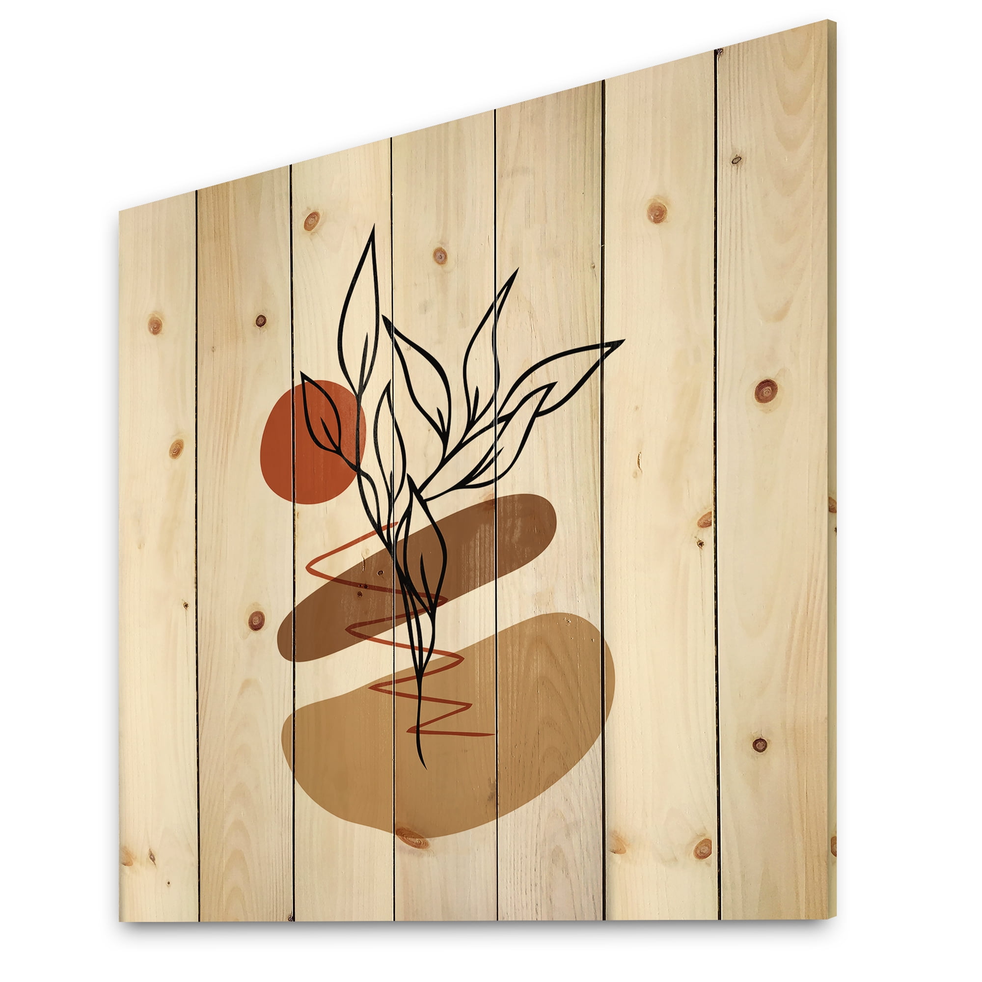 Designart 'Abstract Flowers Plants With Elementary Shapes II' Modern Print on Natural Pine Wood