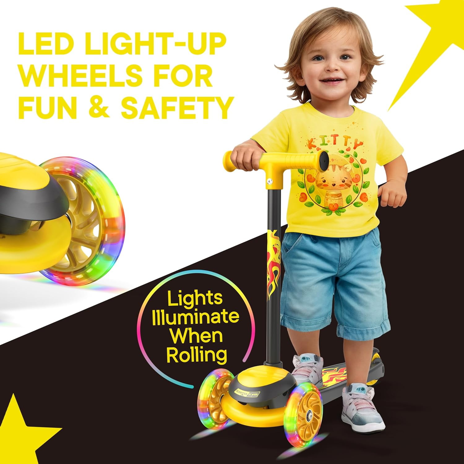 Scooter Stars 3-Wheel Kids Scooter with Light-Up LED Front Wheels, Wide Anti-Slip Deck, Rear Foot Brake, Lean-to-Steer Ride-On Toy