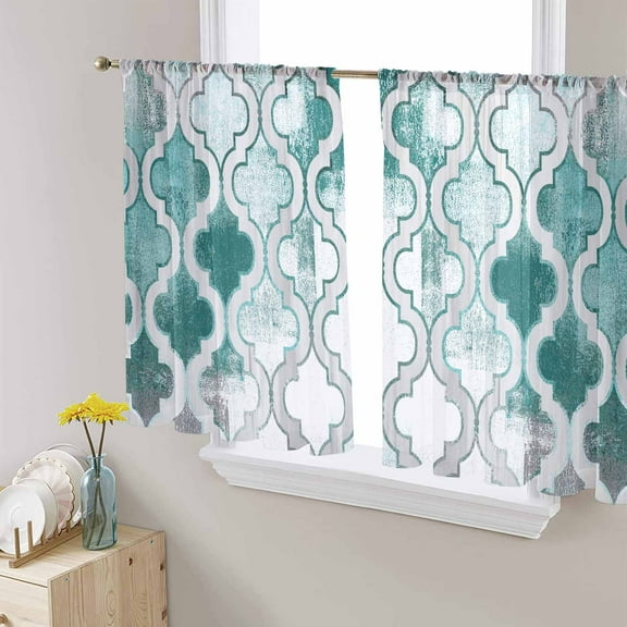Turquoise Morocco Semi Sheer Curtains 45 Inch Length 2 Panels Set, Grey Ombre Retro Mottled Painting Art Sheer Kitchen Curtain Privacy Voile Window Curtain for Living Room Bedroom Rod Pocket Drapes