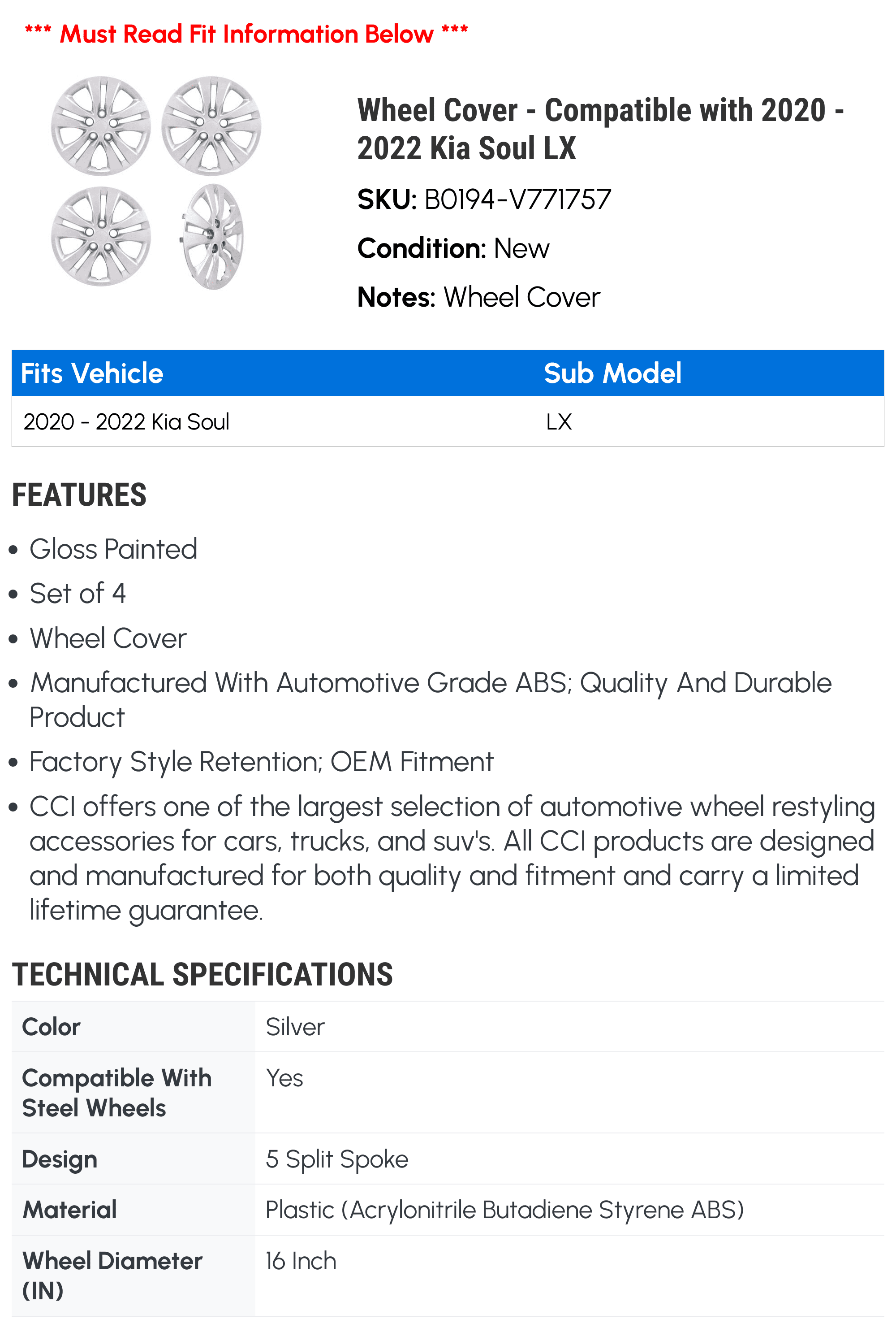 Wheel Cover - Compatible with 2020 - 2022 Kia Soul LX 2021