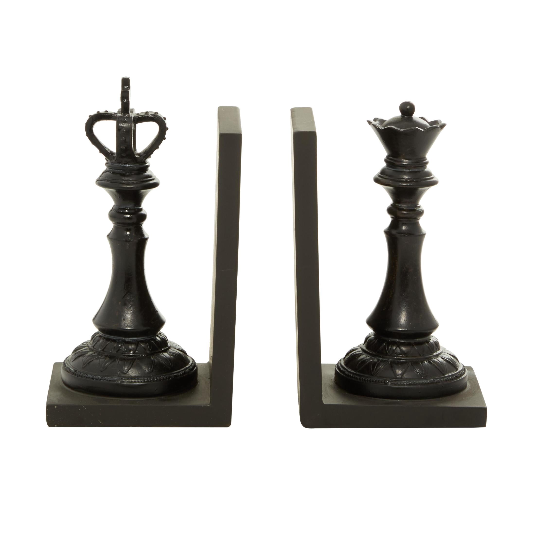 DecMode 5" Chess Black Polystone Bookends with King and Queen (Set of 2)