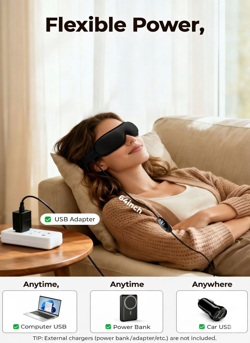 FACEMOON USB Powered Heated Eye Mask for Dry Eyes Relief, Washable, for Travel, with Replaceable Cover, black