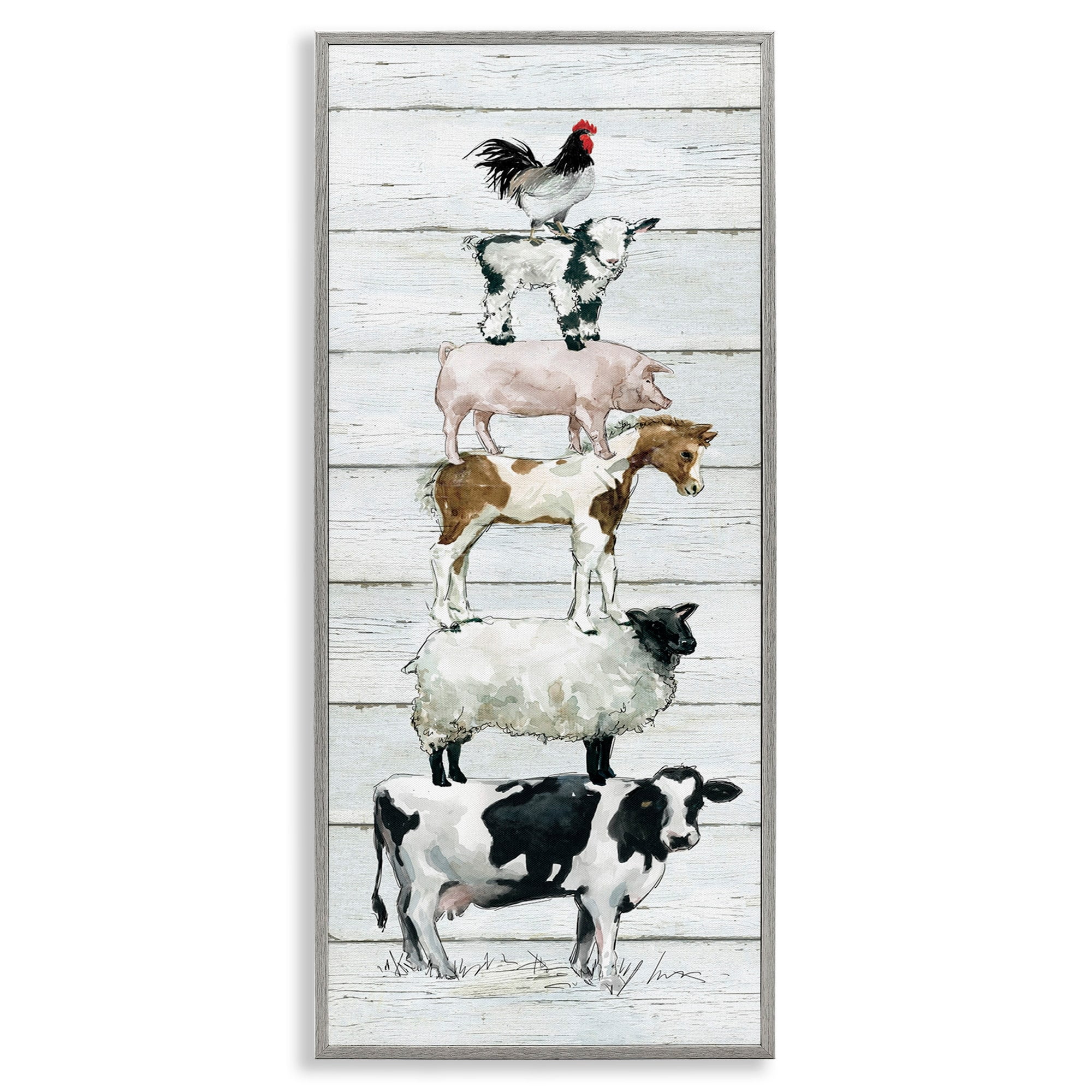 Stupell Industries Country Farm Animal Stack Cow Sheep Pig Rooster Animals & Insects Painting Gray Framed Art Print Wall Art, 13 x 30