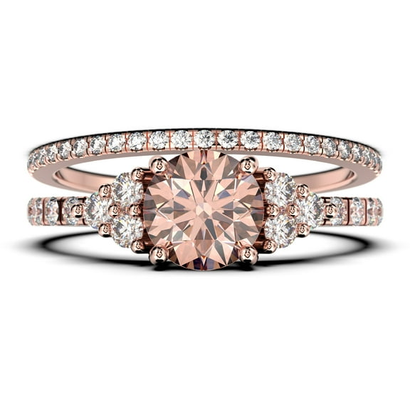 Beautiful Mid-century 1.75 Carat Round Cut Morganite And Diamond Moissanite Engagement Ring, Wedding Ring in 925 Sterling Silver With 18k Rose Gold Plating, 7 Stone Ring, Bridal Set, Matching Band
