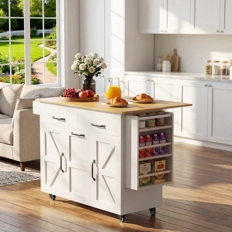 Vineego Rolling Kitchen Island with Storage, Mobile Kitchen Cart on Wheels with Drop Leaf Countertop, Drawers, Barn Doors & Side Shelves, White with Natural Wood Top