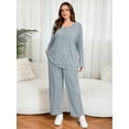 thumbnail image 3 of SHOWMALL Women's Plus Size Outfit Sets – 2 Piece Lounge Set Light Blue 3X Long Sleeve Ribbed Top and Pants with Pockets, Soft Homewear, 3 of 8