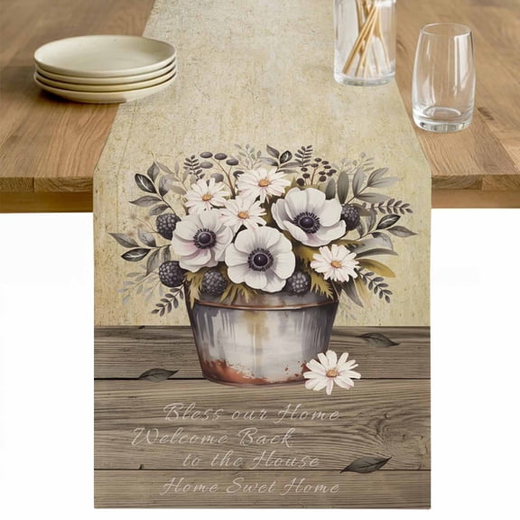 Farmhouse Flowers Table Runner - 48 Inch Long Retro Floral Leaves Country Wood Board Cotton and Linen Blended Dress Scarves Farmhouse Table Runner for Kitchen Dining, Coffee Table, 13" x 48"