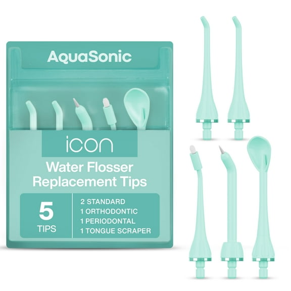 AquaSonic Icon Water Flosser Replacement Tips – 5 Tips, 4 Tip Types: Standard, Periodontal, Orthodontic & Tongue Scraper - Genuine, Authentic Part (Green)