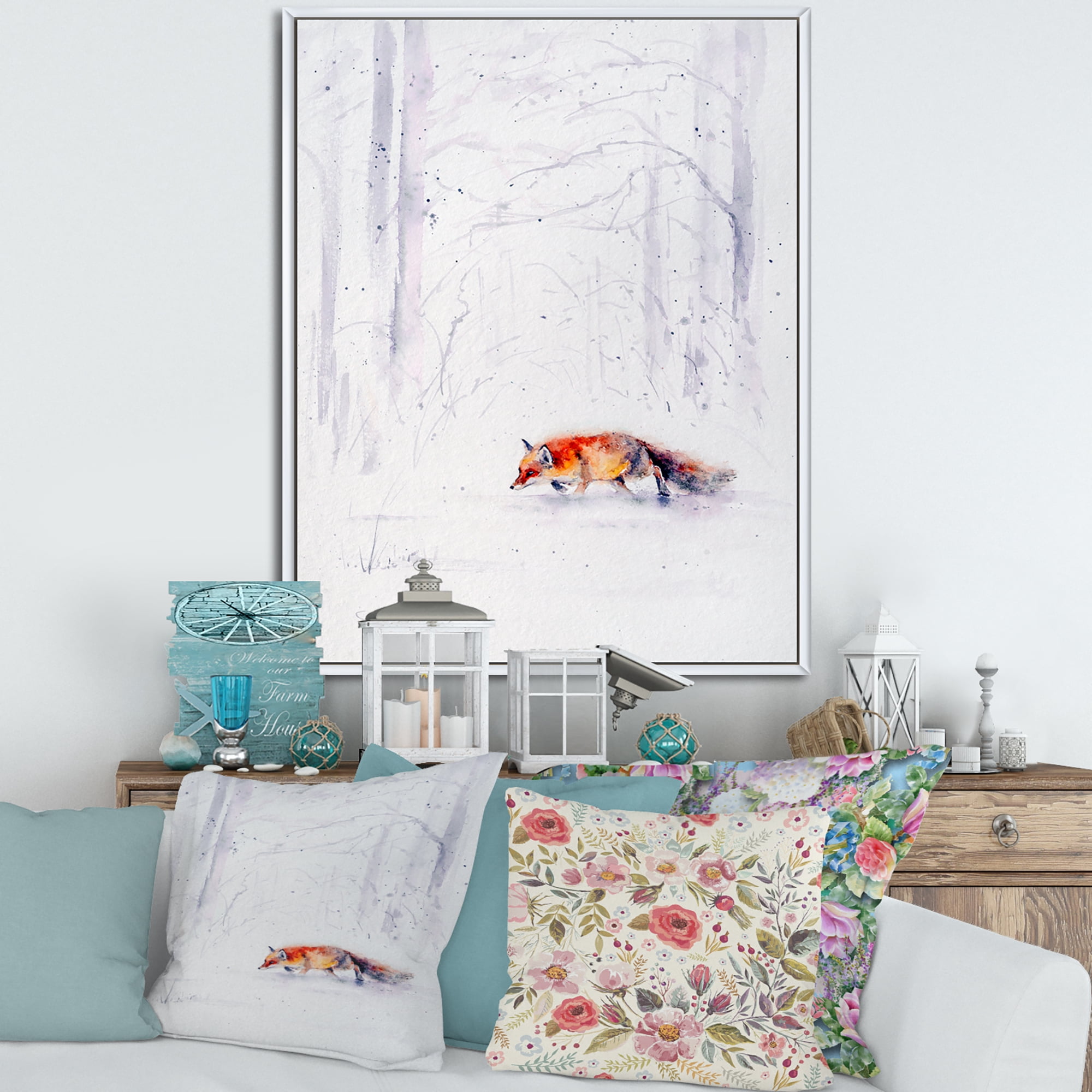 Designart 'Red Fox Running In White Snow in Countryside II' Farmhouse Framed Canvas Wall Art Print